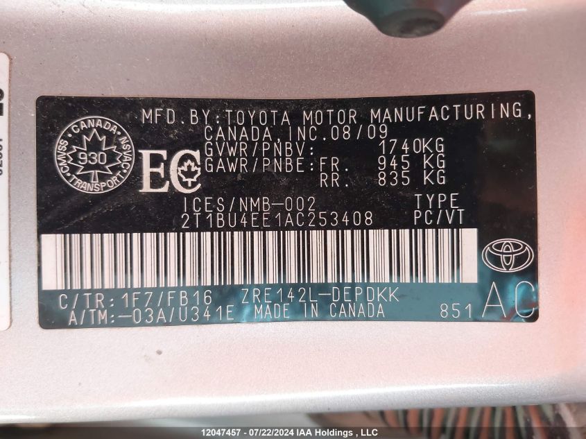 2010 Toyota Corolla Ce VIN: 2T1BU4EE1AC253408 Lot: 12047457