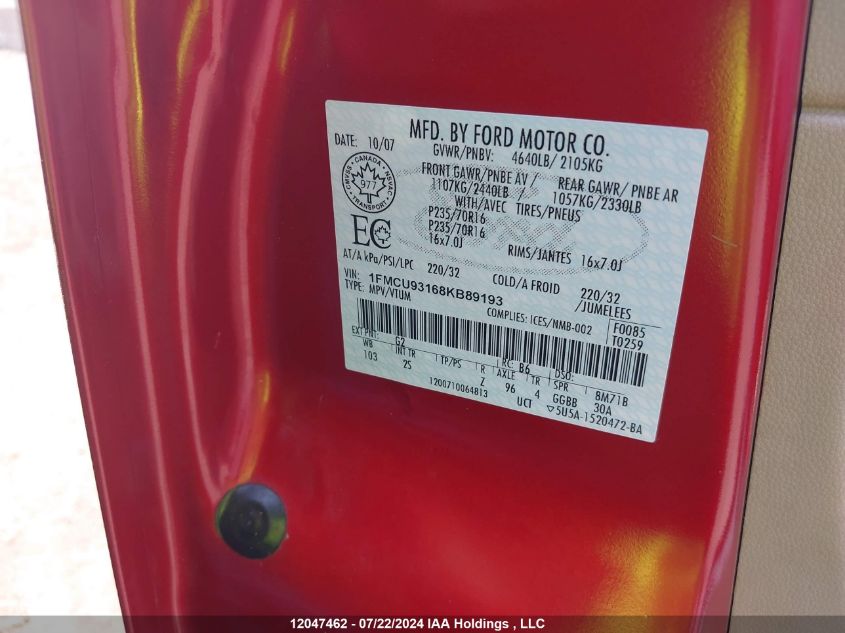 2008 Ford Escape VIN: 1FMCU93168KB89193 Lot: 12047462