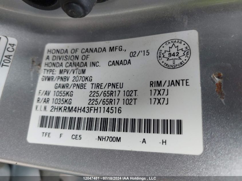 2015 Honda Cr-V VIN: 2HKRM4H43FH114516 Lot: 12047481