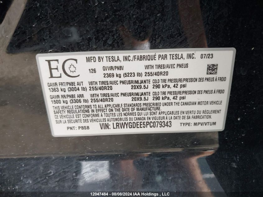 2023 Tesla Model Y VIN: LRWYGDEE5PC079343 Lot: 12047484