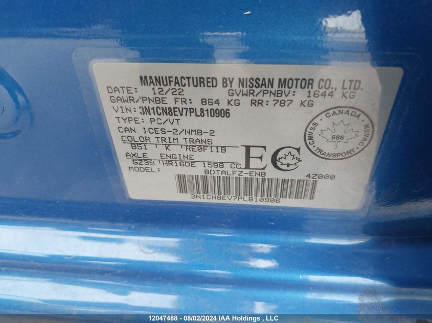 2023 Nissan Versa VIN: 3N1CN8EV7PL810906 Lot: 12047488