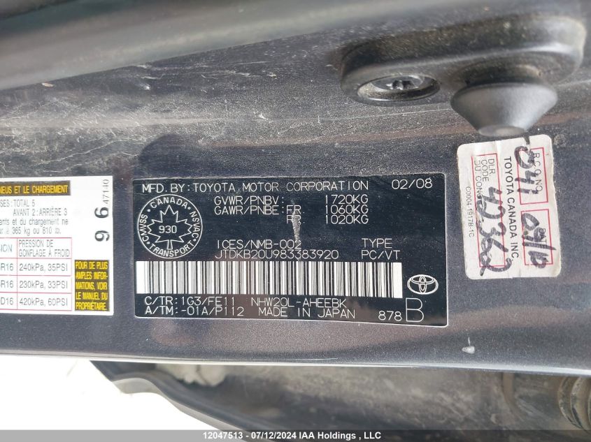 2008 Toyota Prius VIN: JTDKB20U983383920 Lot: 12047513