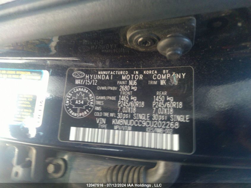 2012 Hyundai Veracruz Gls/Limited VIN: KM8NUDCC9CU202268 Lot: 12047516