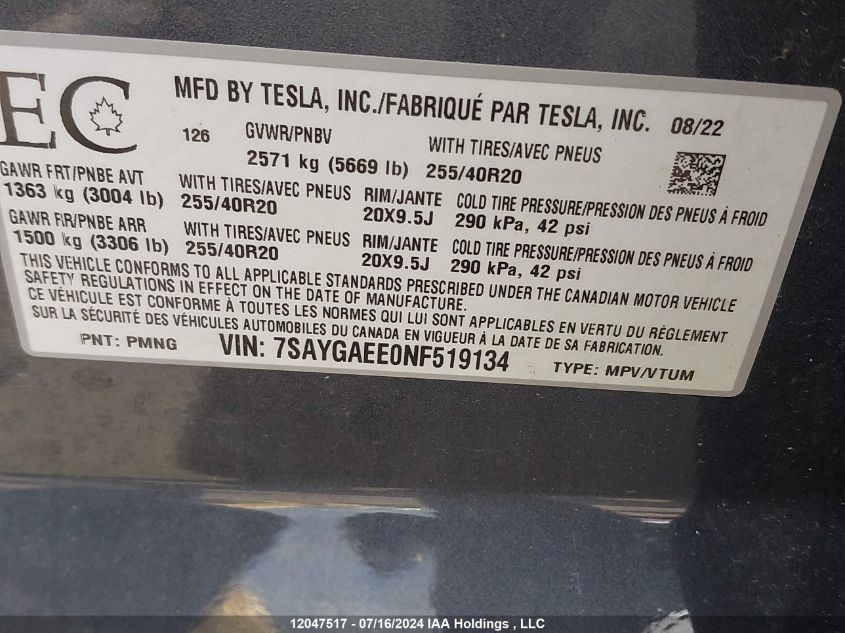 2022 Tesla Model Y VIN: 7SAYGAEE0NF519134 Lot: 12047517