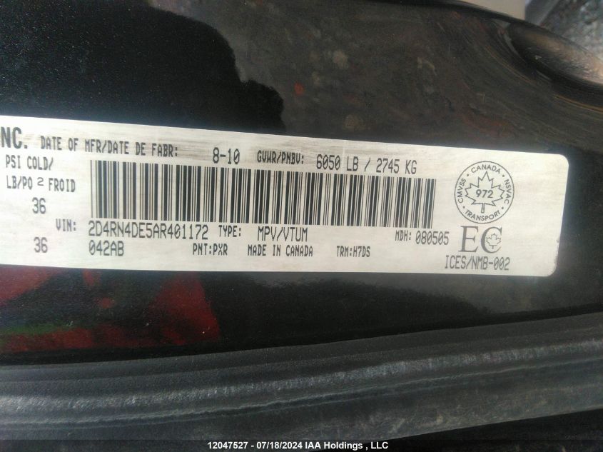 2010 Dodge Grand Caravan VIN: 2D4RN4DE5AR401172 Lot: 12047527