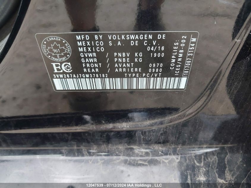 2016 Volkswagen Jetta Sedan VIN: 3VW267AJ7GM378182 Lot: 12047539