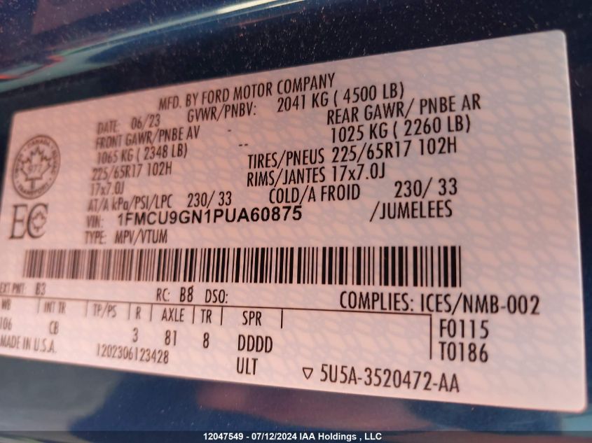 2023 Ford Escape Active VIN: 1FMCU9GN1PUA60875 Lot: 12047549