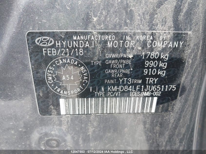 2018 Hyundai Elantra Sel/Value/Limited VIN: KMHD84LF1JU651175 Lot: 12047553