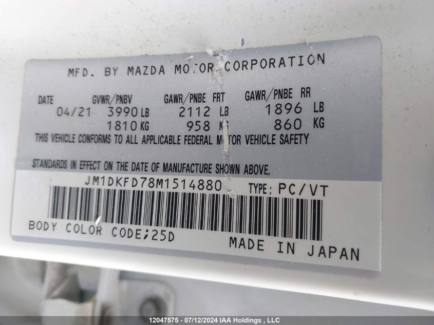 2021 Mazda Cx-3 Grand Touring VIN: JM1DKFD78M1514880 Lot: 12047575