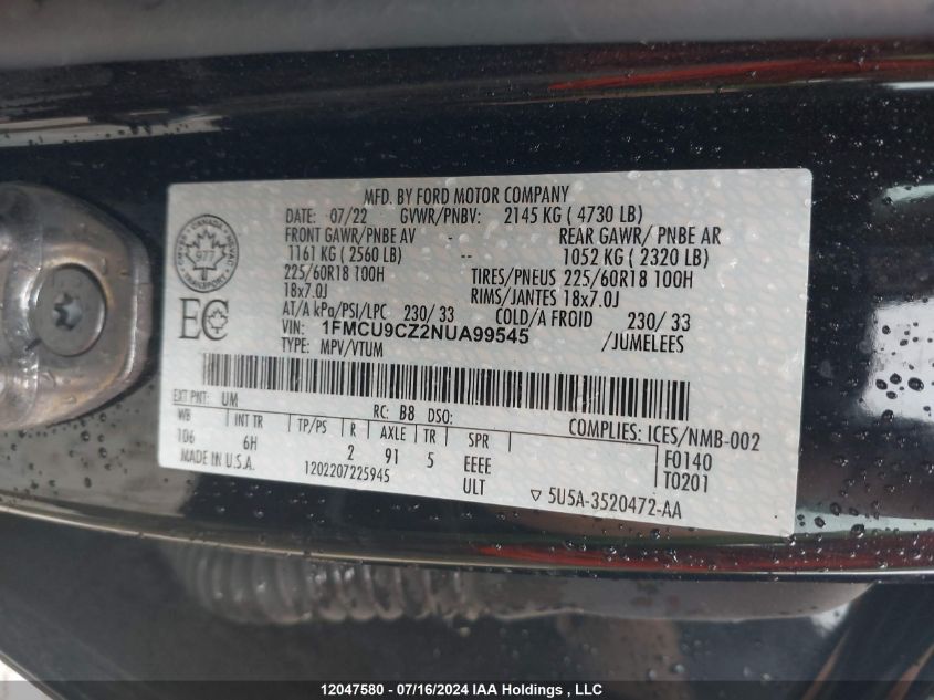 2022 Ford Escape Sel Hybrid VIN: 1FMCU9CZ2NUA99545 Lot: 12047580