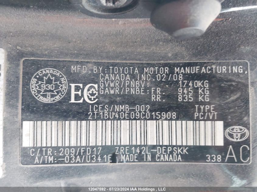 2009 Toyota Corolla VIN: 2T1BU40E09C015908 Lot: 12047592