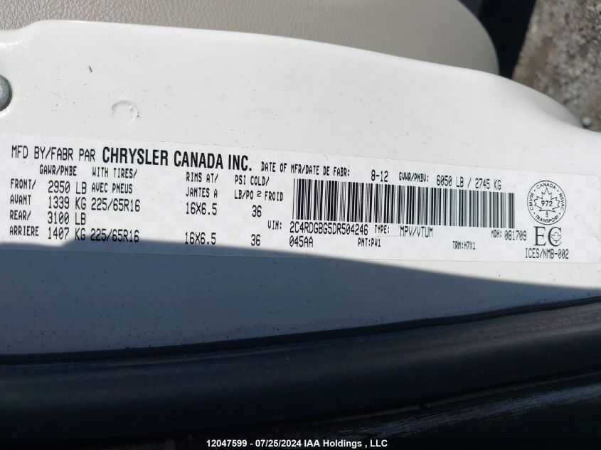 2013 Dodge Grand Caravan VIN: 2C4RDGBG5DR504246 Lot: 12047599