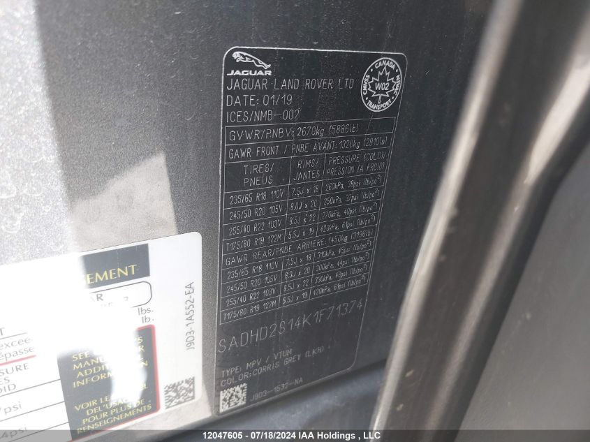 2019 Jaguar I-Pace VIN: SADHD2S14K1F71374 Lot: 12047605