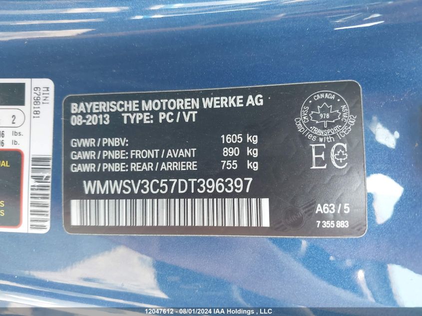 2013 Mini Cooper Hardtop VIN: WMWSV3C57DT396397 Lot: 12047612