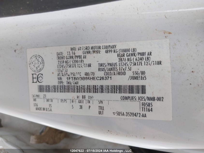 2017 Ford F350 Super Duty VIN: 1FT8W3B68HEC26371 Lot: 12047622