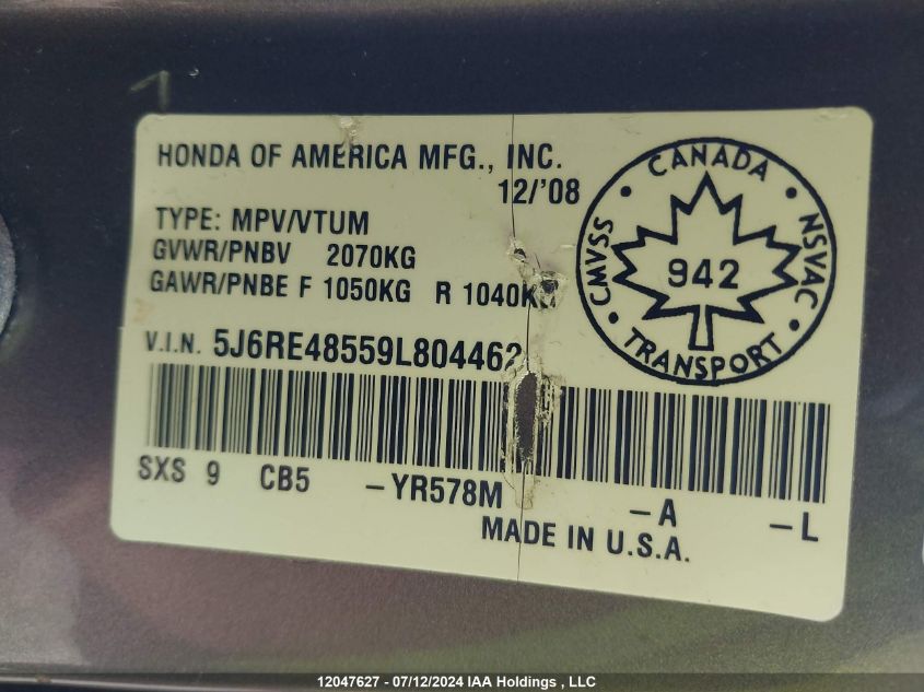 2009 Honda Cr-V VIN: 5J6RE48559L804462 Lot: 12047627