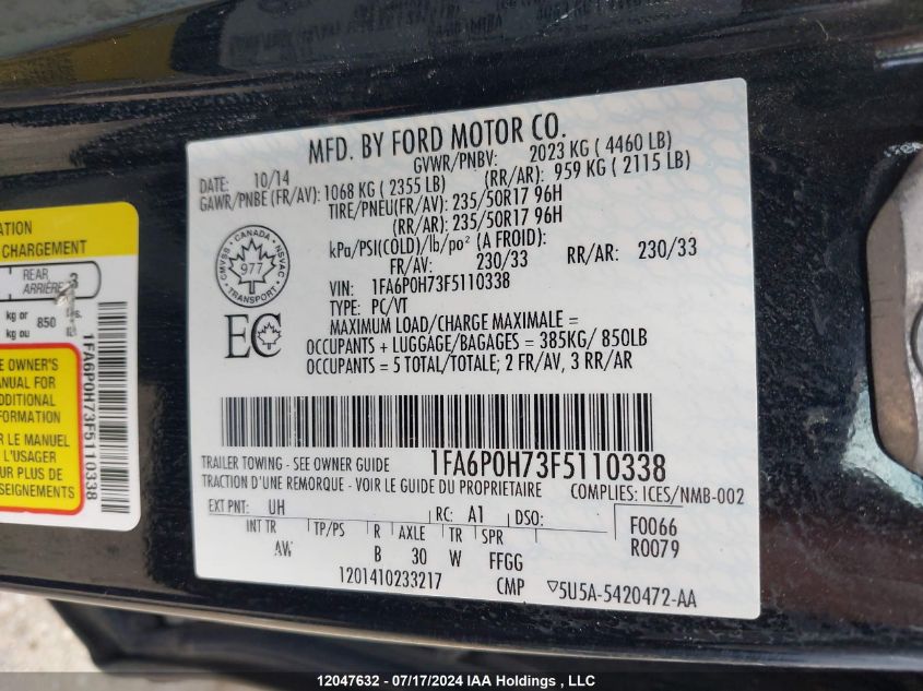 2015 Ford Fusion Se VIN: 1FA6P0H73F5110338 Lot: 12047632