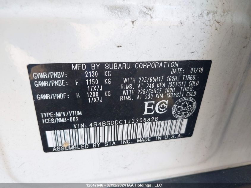 2018 Subaru Outback VIN: 4S4BSDDC1J3306828 Lot: 12047646