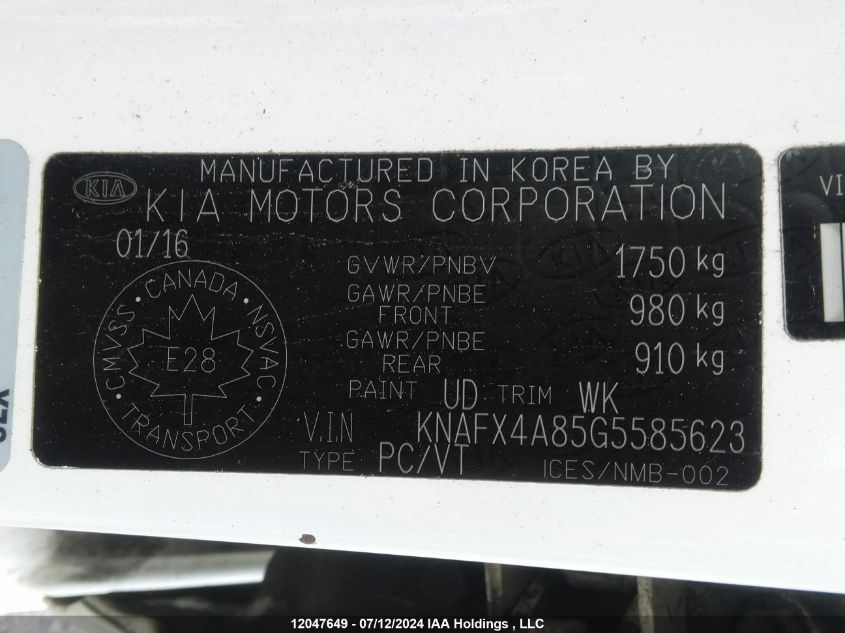 2016 Kia Forte Ex VIN: KNAFX4A85G5585623 Lot: 12047649