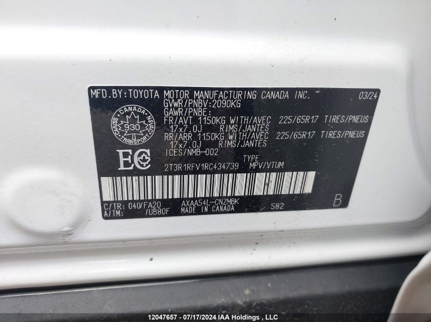 2024 Toyota Rav4 VIN: 2T3R1RFV1RC434739 Lot: 12047657