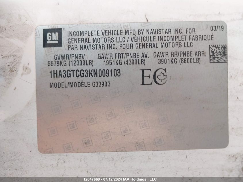 2019 Chevrolet Express VIN: 1HA3GTCG3KN009103 Lot: 12047669