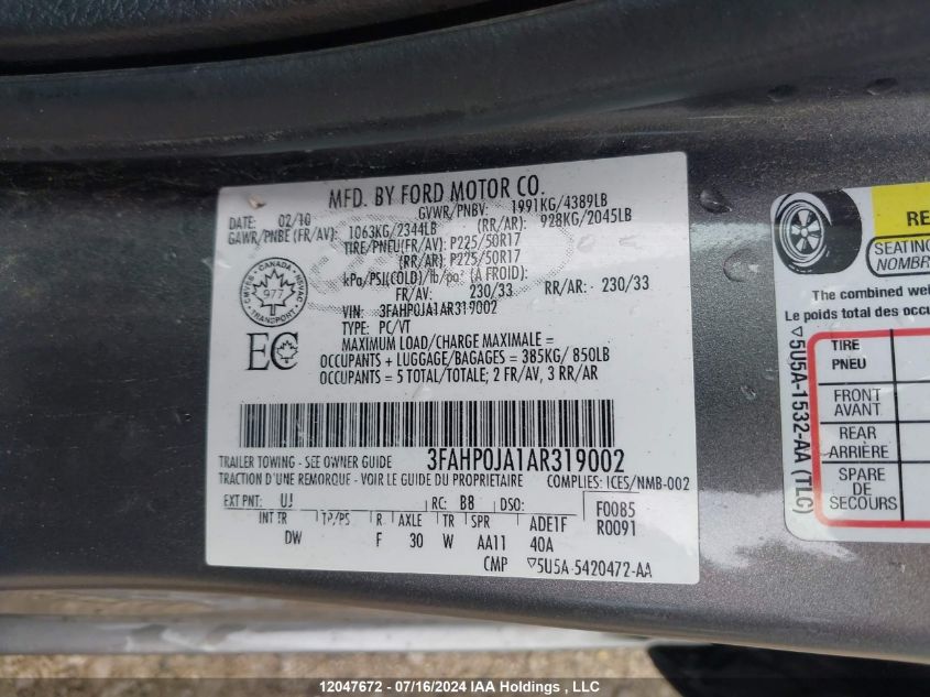 2010 Ford Fusion VIN: 3FAHP0JA1AR319002 Lot: 12047672