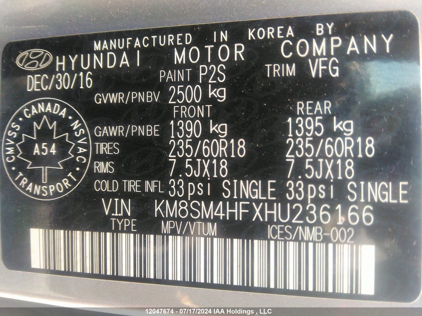 2017 Hyundai Santa Fe Se VIN: KM8SM4HFXHU236166 Lot: 12047674