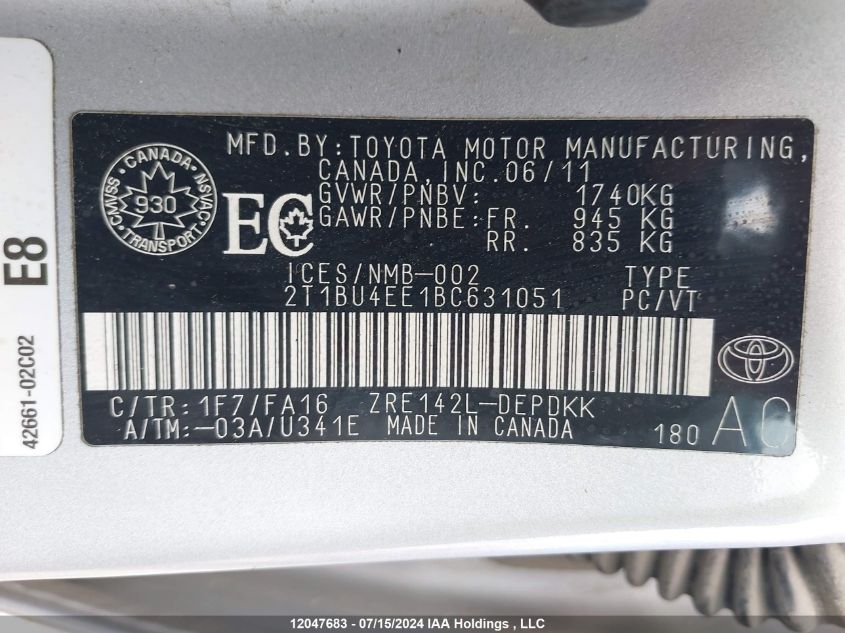 2011 Toyota Corolla VIN: 2T1BU4EE1BC631051 Lot: 12047683