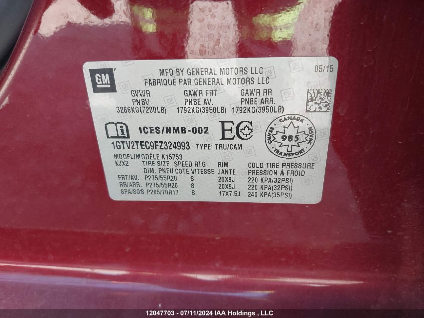2015 GMC Sierra 1500 VIN: 1GTV2TEC9FZ324993 Lot: 12047703