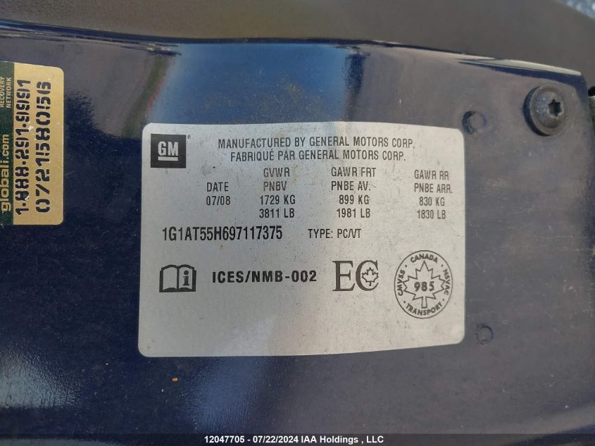 2009 Chevrolet Cobalt VIN: 1G1AT55H697117375 Lot: 12047705