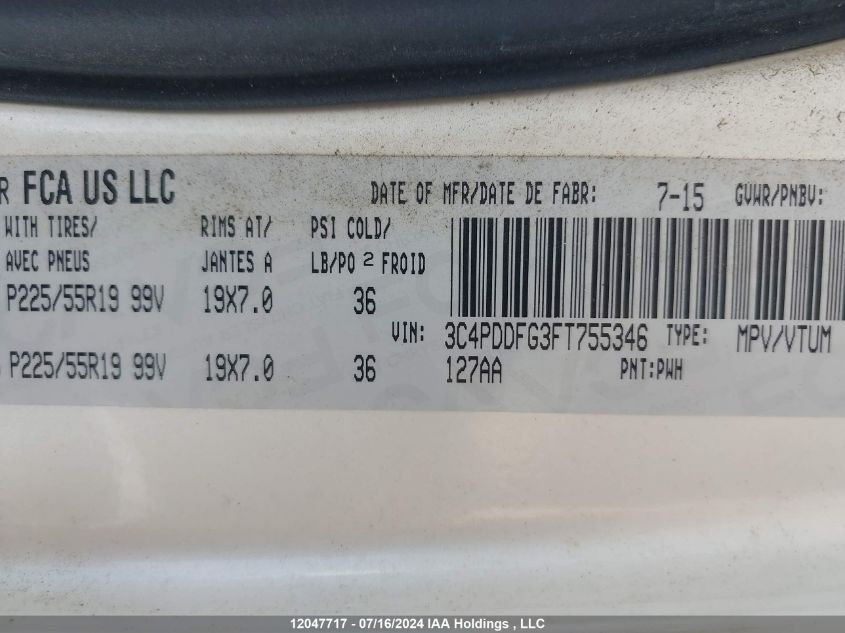 2015 Dodge Journey VIN: 3C4PDDFG3FT755346 Lot: 12047717