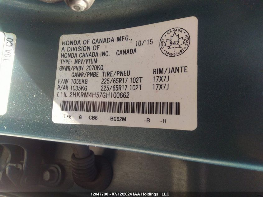 2016 Honda Cr-V VIN: 2HKRM4H57GH100662 Lot: 12047730