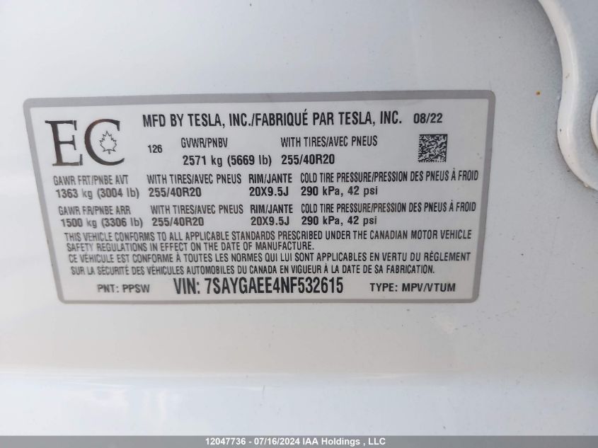 2022 Tesla Model Y VIN: 7SAYGAEE4NF532615 Lot: 12047736