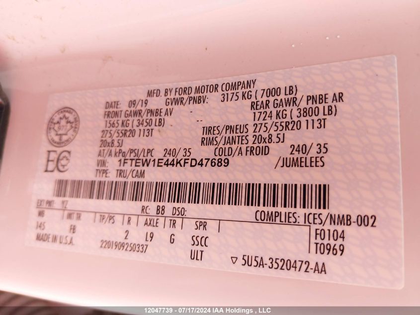 2019 Ford F150 Supercrew VIN: 1FTEW1E44KFD47689 Lot: 12047739