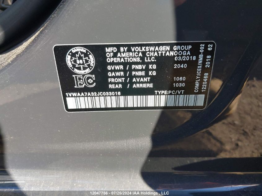2018 Volkswagen Passat VIN: 1VWAA7A32JC033016 Lot: 12047756