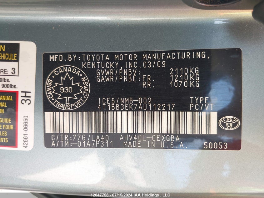 2010 Toyota Camry Hybrid VIN: 4T1BB3EK7AU112217 Lot: 12047758