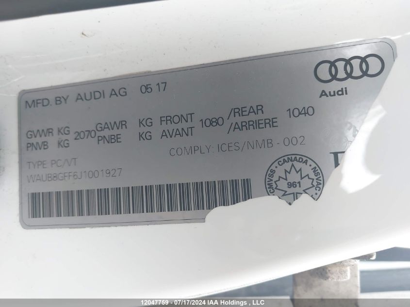 2018 Audi A3 Premium VIN: WAUB8GFF6J1001927 Lot: 12047759