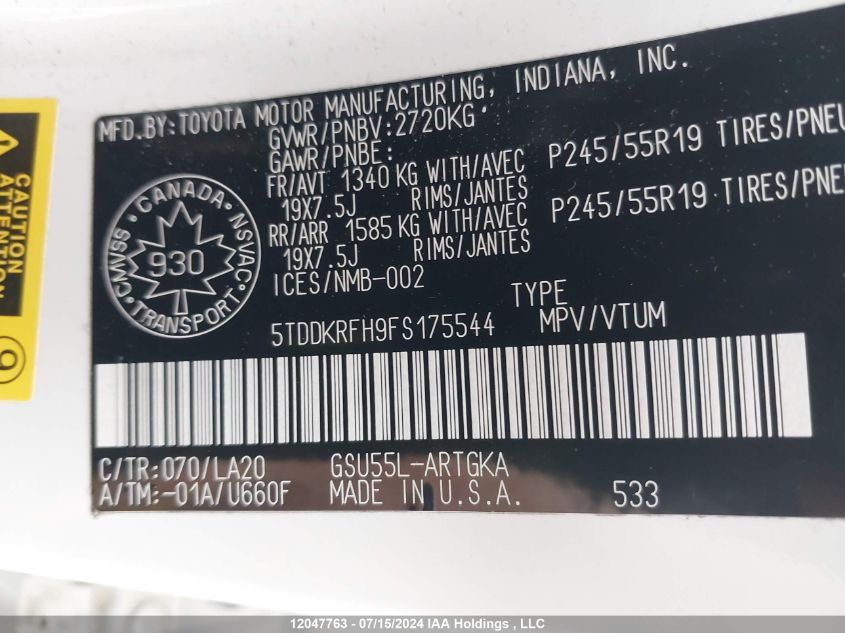 2015 Toyota Highlander Limited/Ltd Platinum VIN: 5TDDKRFH9FS175544 Lot: 12047763