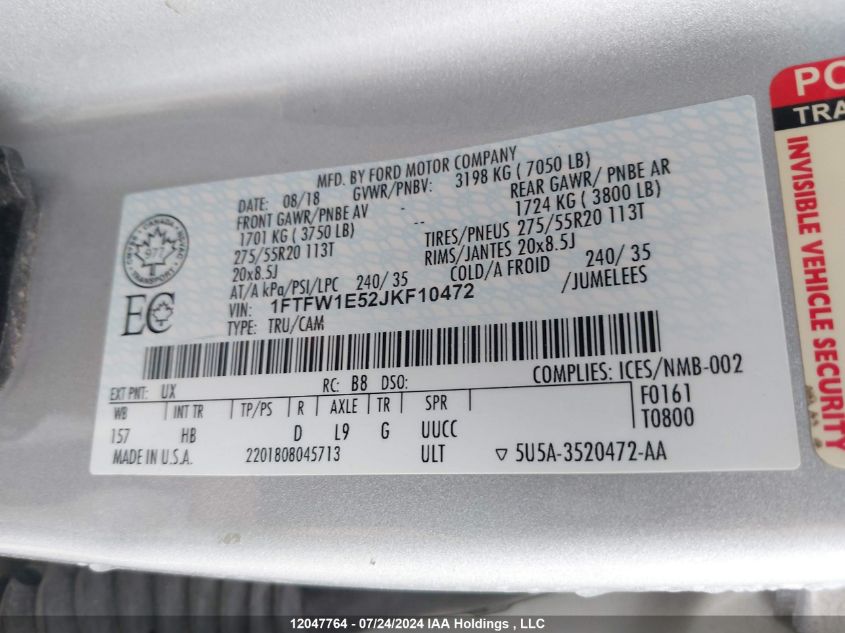 2018 Ford F-150 VIN: 1FTFW1E52JKF10472 Lot: 12047764