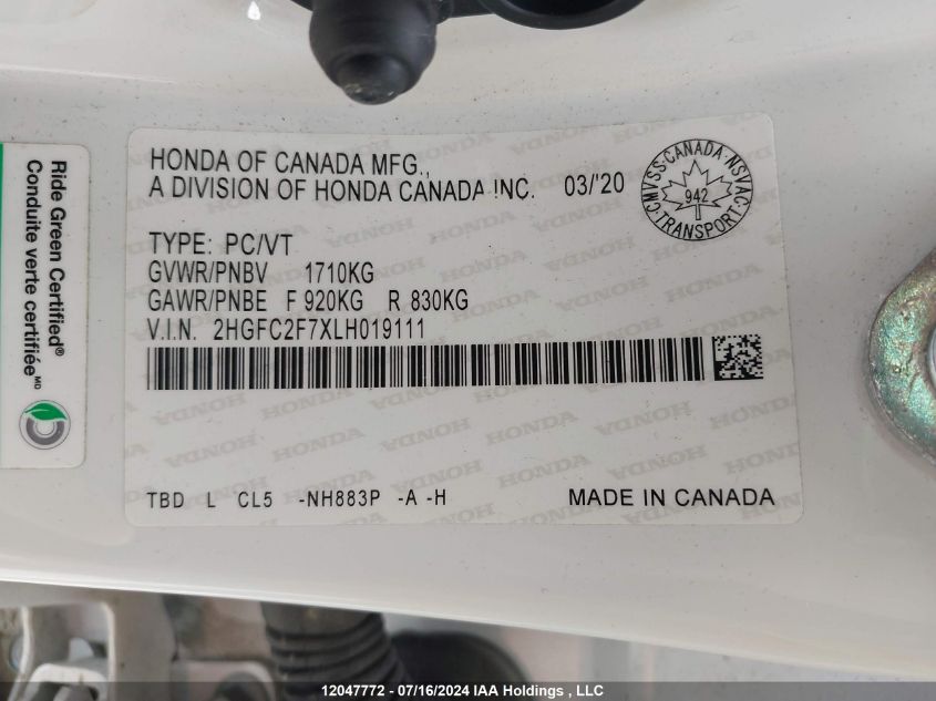 2020 Honda Civic Ex VIN: 2HGFC2F7XLH019111 Lot: 12047772