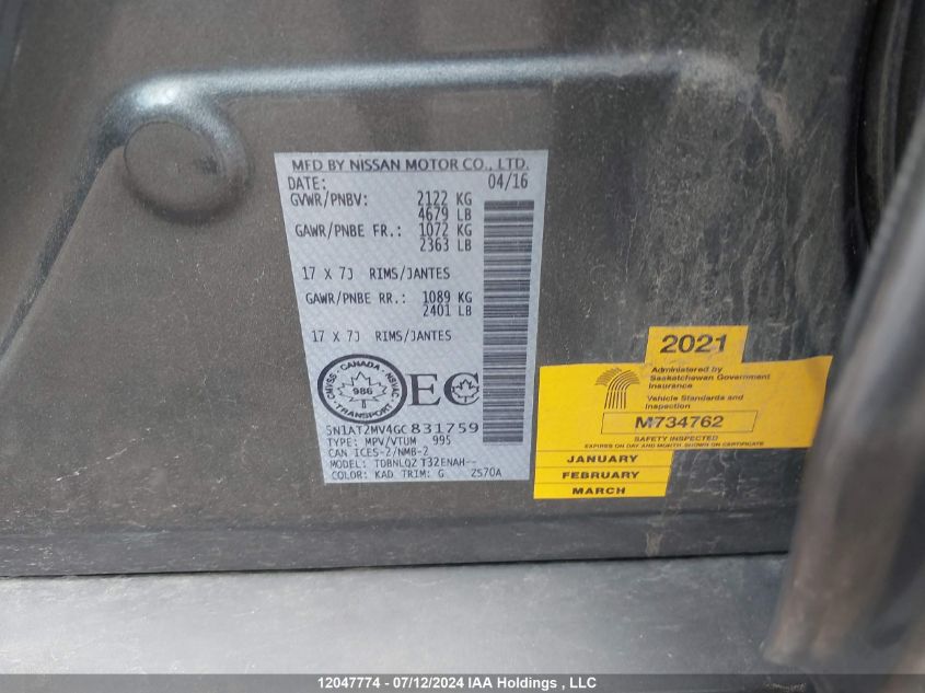 2016 Nissan Rogue VIN: 5N1AT2MV4GC831759 Lot: 12047774