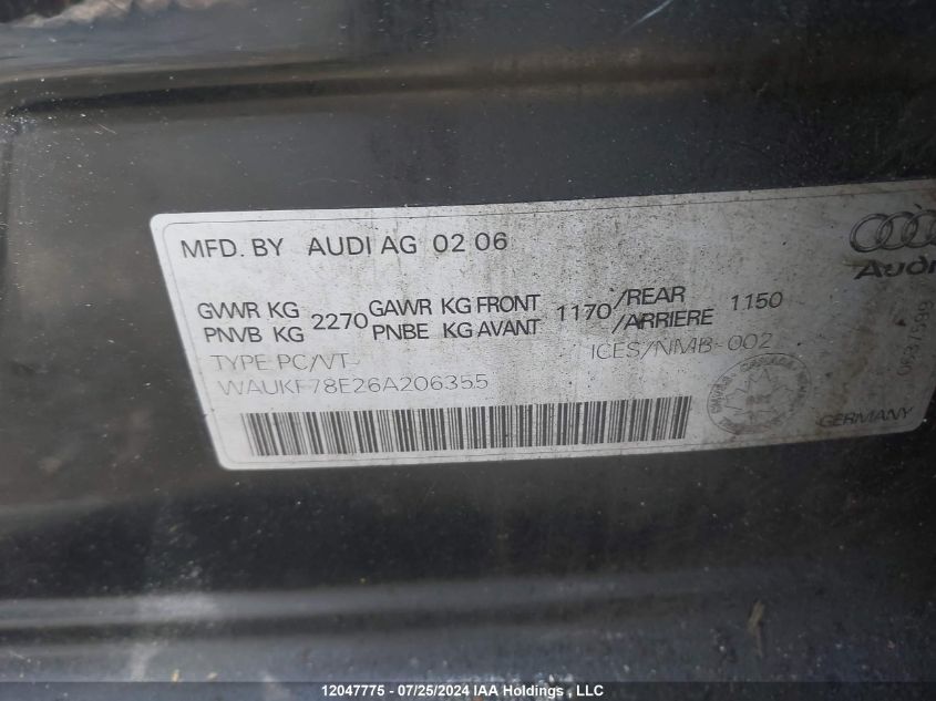 2006 Audi A4 VIN: WAUKF78E26A206355 Lot: 12047775