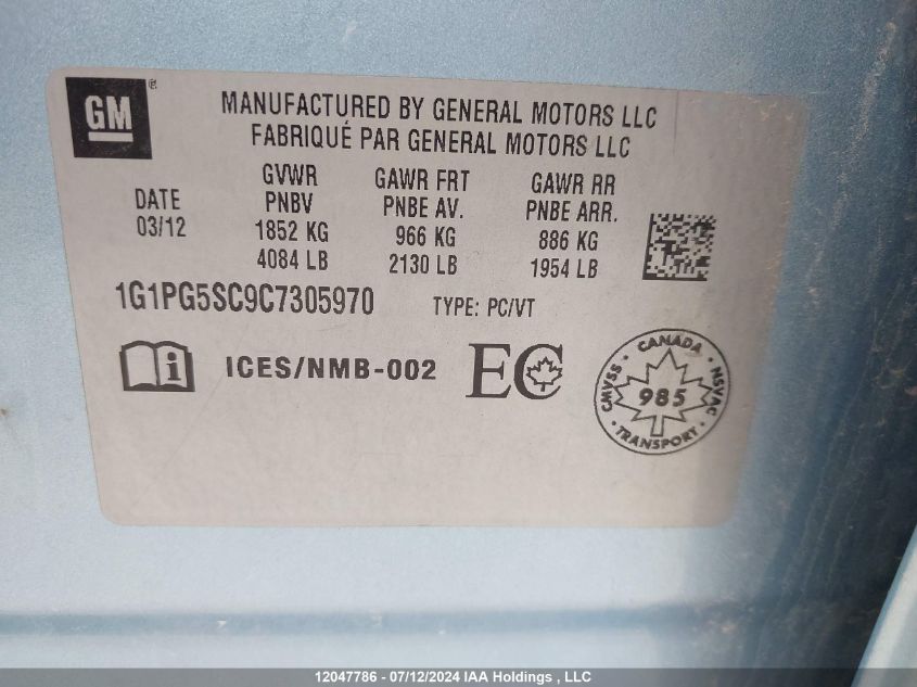 2012 Chevrolet Cruze VIN: 1G1PG5SC9C7305970 Lot: 12047786