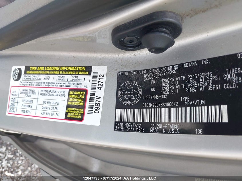 2008 Toyota Sienna Ce VIN: 5TDZK29C78S186672 Lot: 12047793