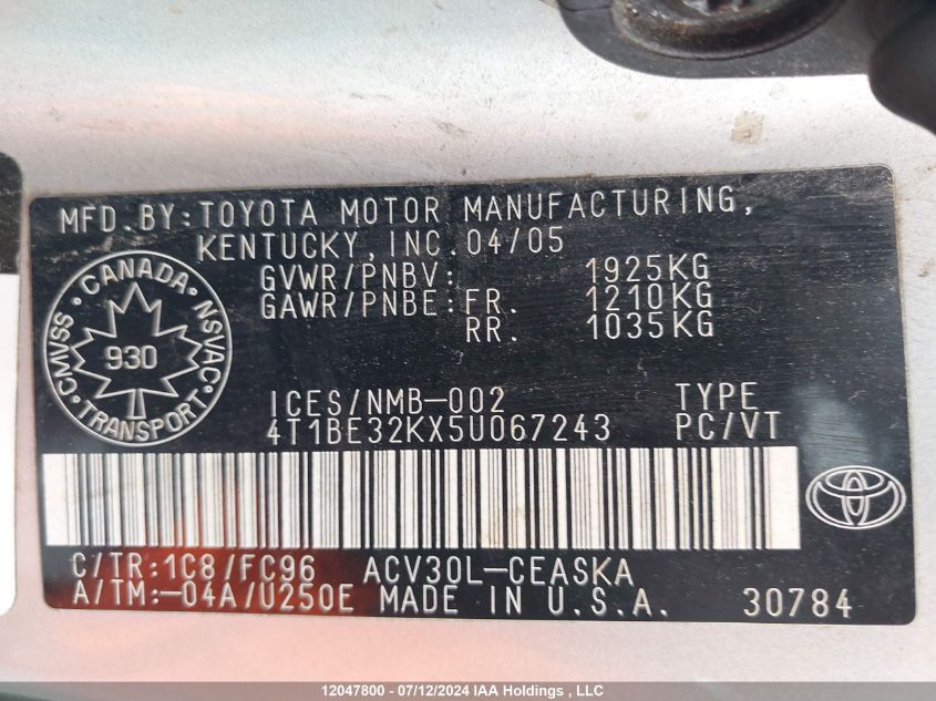 2005 Toyota Camry Le/Se VIN: 4T1BE32KX5U067243 Lot: 12047800