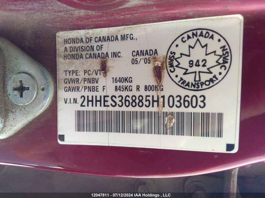 2005 Acura El VIN: 2HHES36885H103603 Lot: 12047811