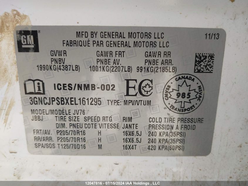 2014 Chevrolet Trax 1Lt VIN: 3GNCJPSBXEL161295 Lot: 12047816