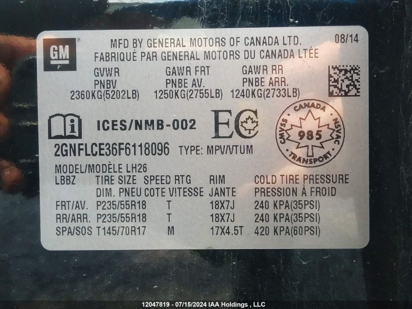 2015 Chevrolet Equinox VIN: 2GNFLCE36F6118096 Lot: 12047819