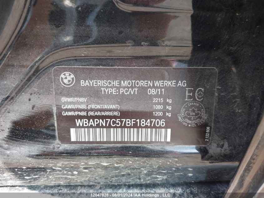 2011 BMW 3 Series VIN: WBAPN7C57BF184706 Lot: 12047828