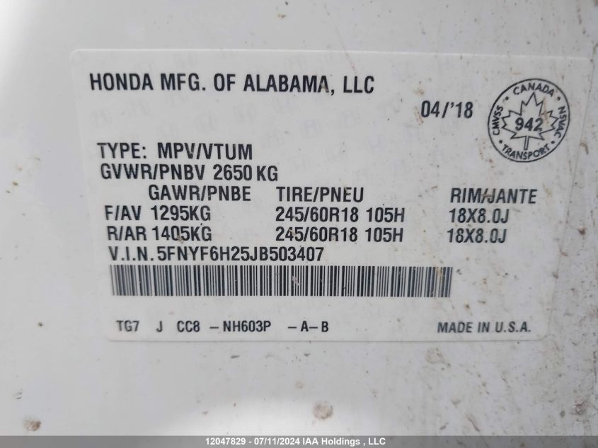 2018 Honda Pilot Lx VIN: 5FNYF6H25JB503407 Lot: 12047829